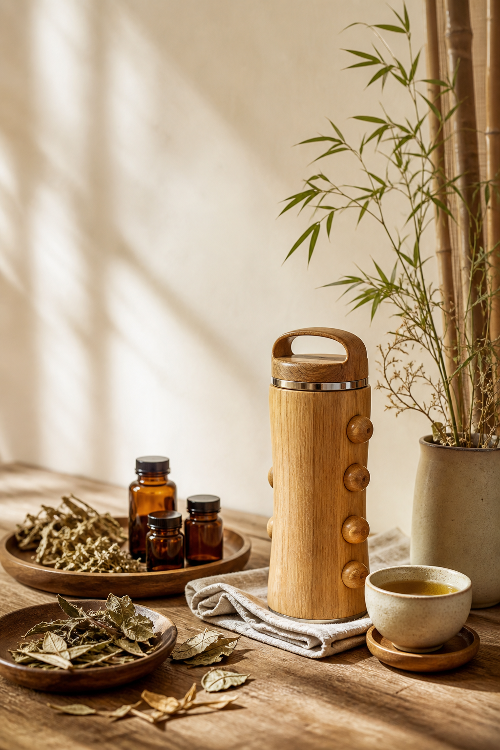 自然光下的木质养护器具、草本与茶饮场景